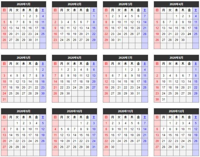 create_calendar カレンダー:数12/開始年月:2020年1月